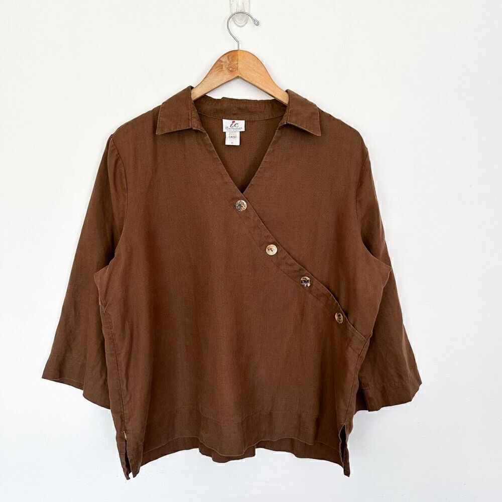 IC Collection Women’s Linen Brown Asymmetrical Mother of Pearl Button Collared B